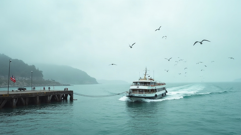 A passenger ferry pulling away from the island pier under a flat, overcast sky, its wake spreading across grey-green water while gulls follow the boat and a few people watch from the dock.