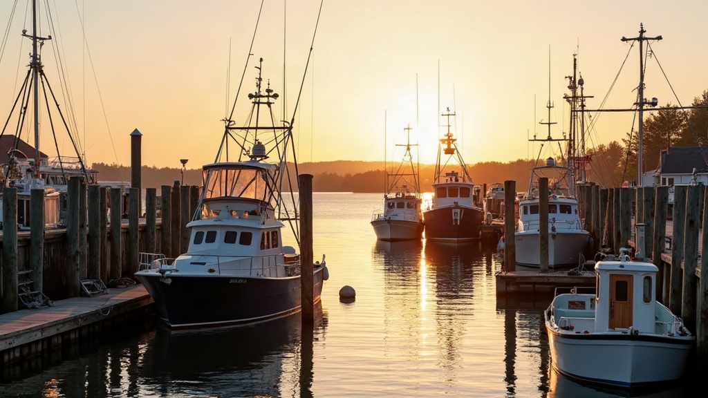 The island harbour at golden hour: fishing boats and small cruisers moored along a weathered timber dock, masts and rigging silhouetted against a low sun, the water almost flat.