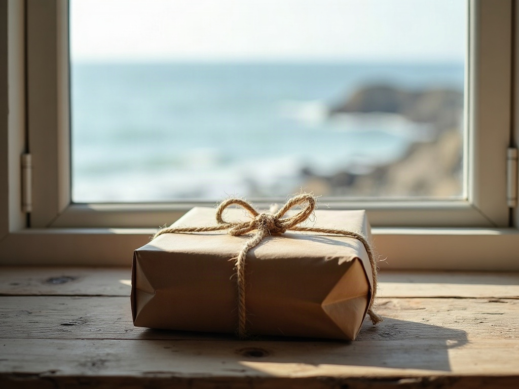 A brown paper parcel tied with a twine bow, resting on a weathered wooden table in front of a window looking out over the sea and a rocky shoreline.