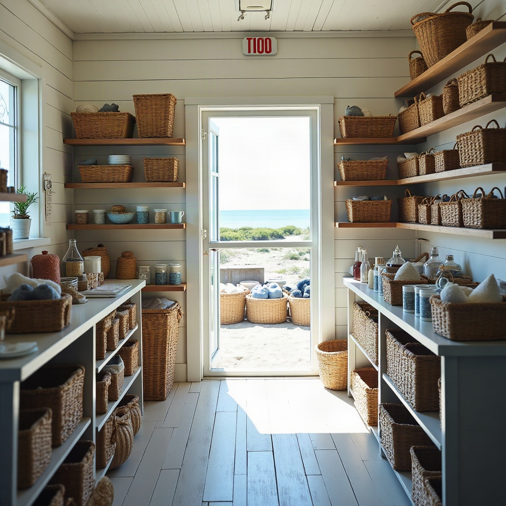 Inside a small coastal general store: white shiplap walls, wooden shelves stacked with wicker baskets and glass jars, painted floorboards, and a screen door standing open onto dune grass and the sea beyond.